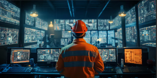 Picture of a worker looking at computer screens in a control room